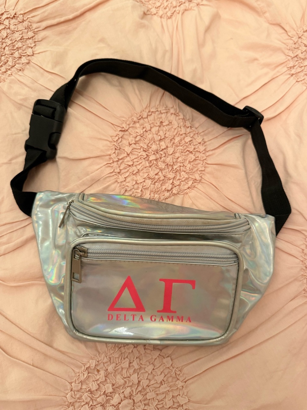 “DG” Delta Gamma Sorority Iridescent Silver & Hot Pink Fanny Pack / Belt Bag